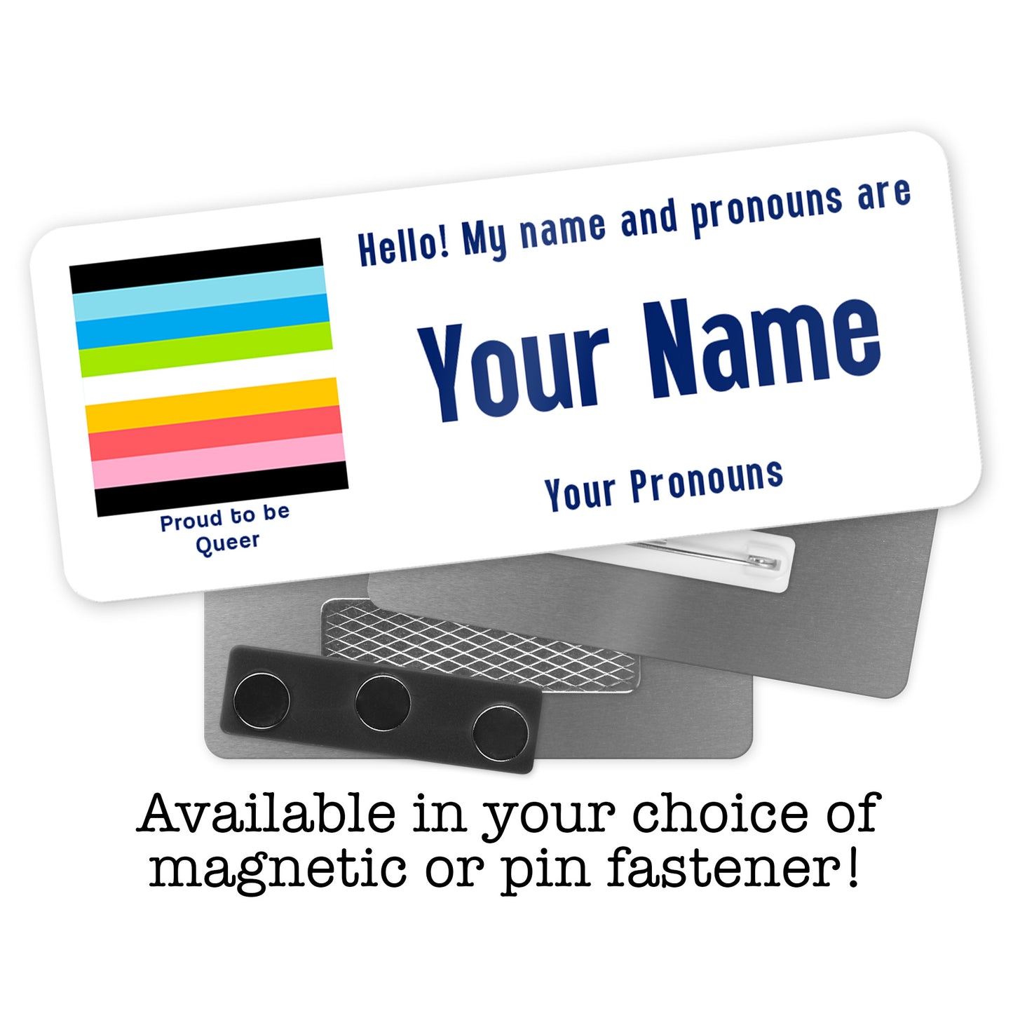 Queer pride flag personalised aluminium name badge