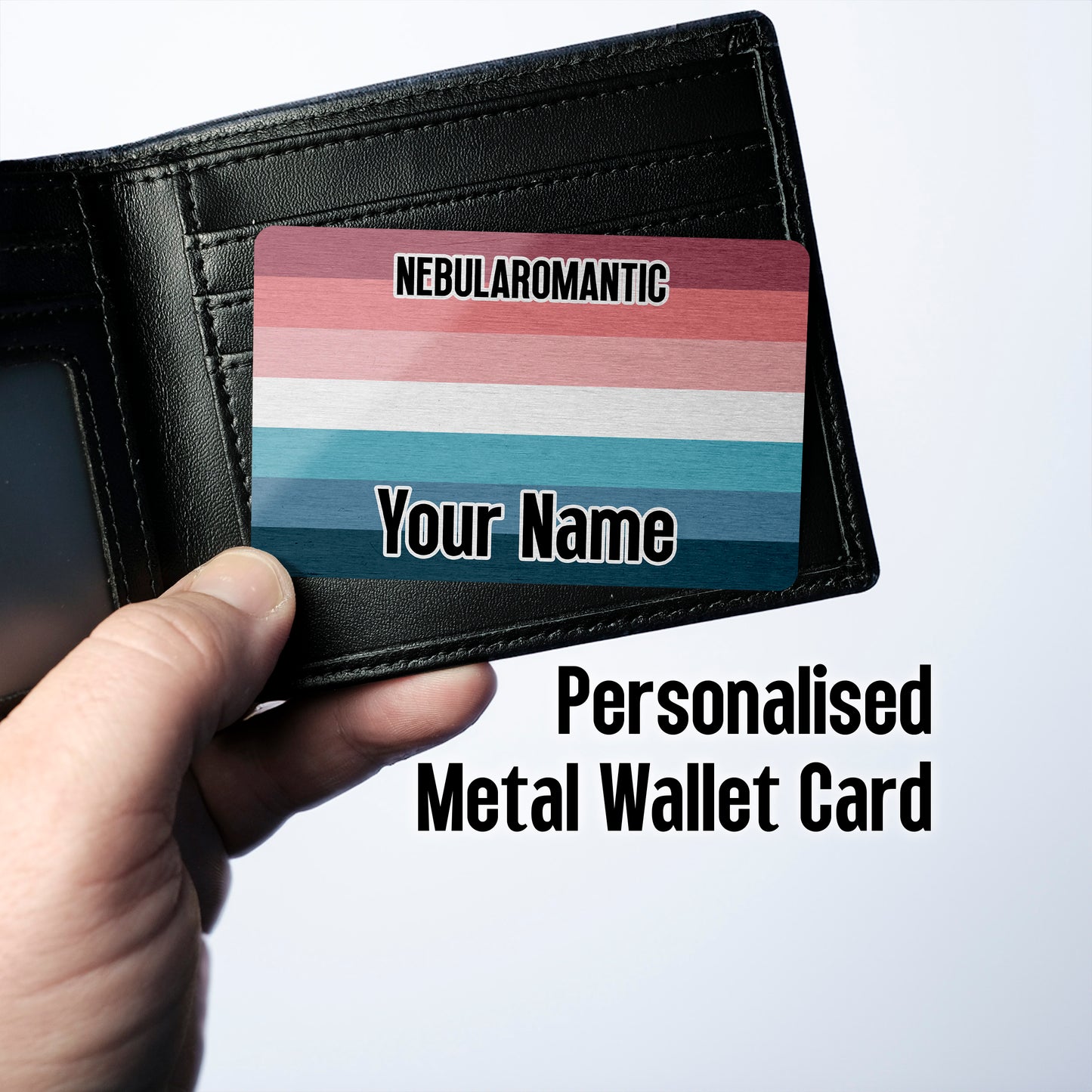 Aluminium wallet card personalised with your name and the nebularomantic flag