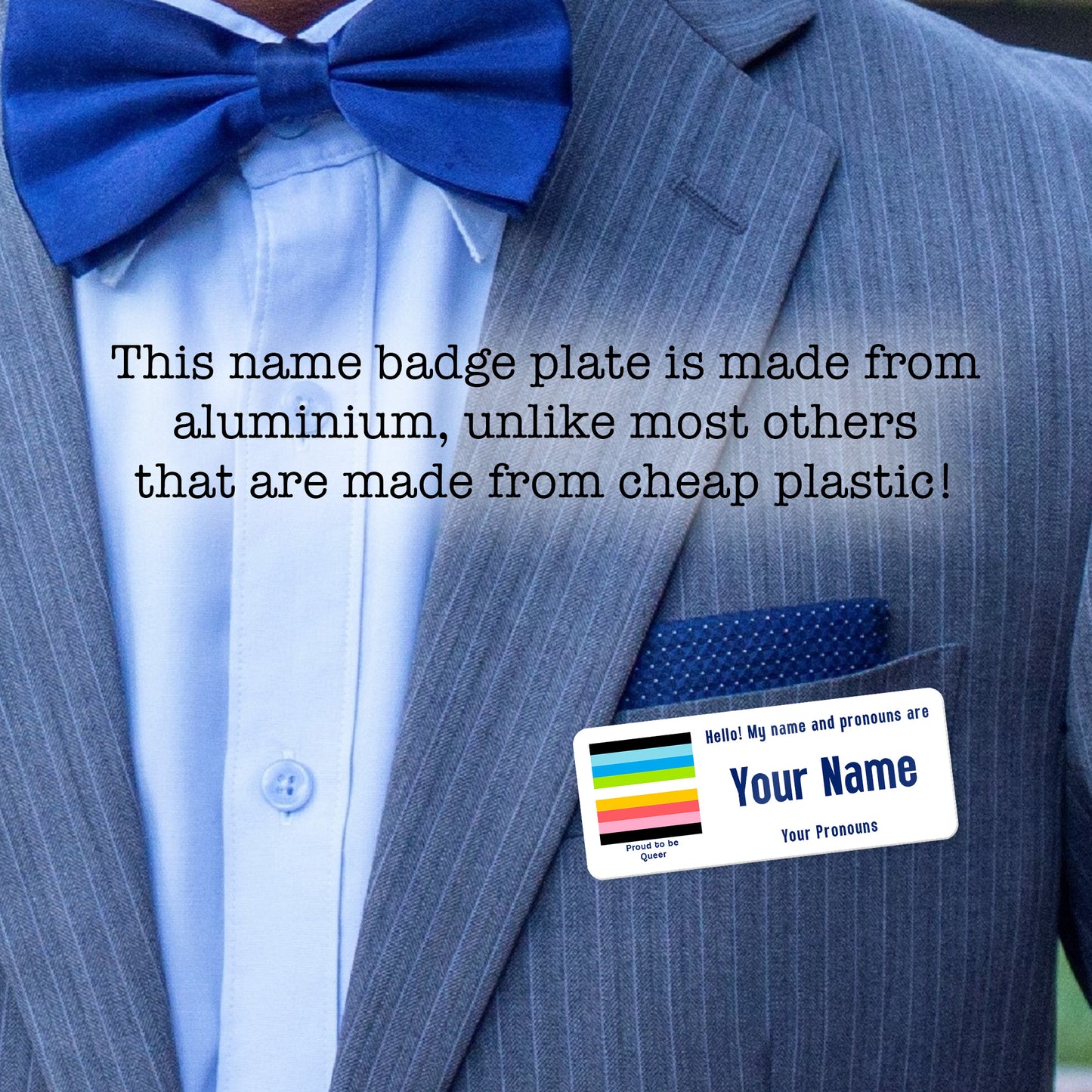 Queer pride flag personalised aluminium name badge