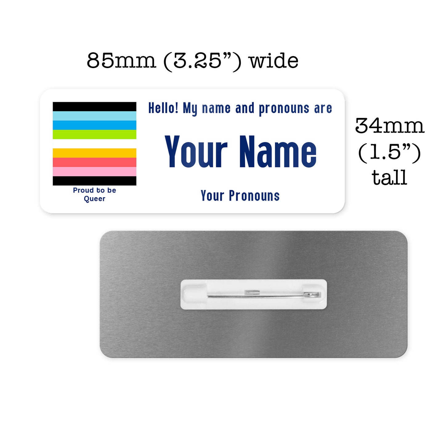 Queer pride flag personalised aluminium name badge