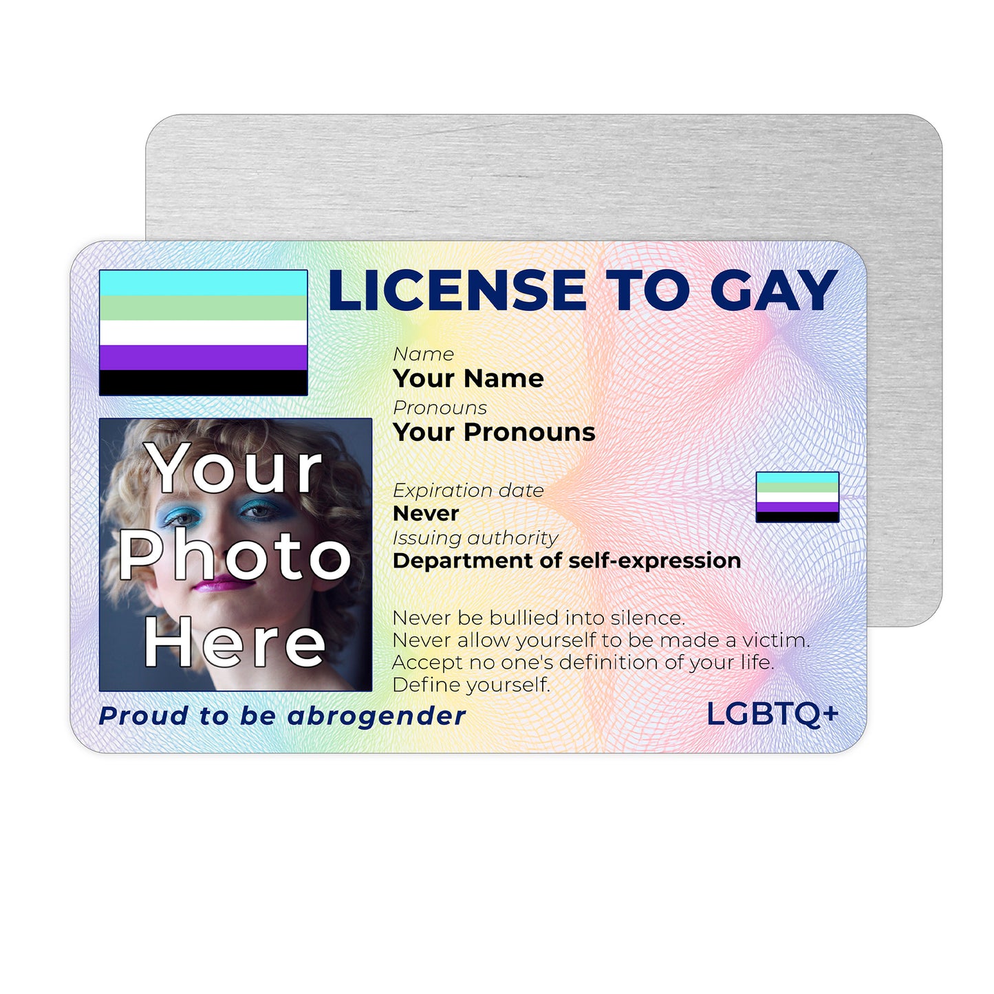 Personalised License To Gay novelty wallet card with your photo, name, and pronouns featuring a Abrogender pride flag design.