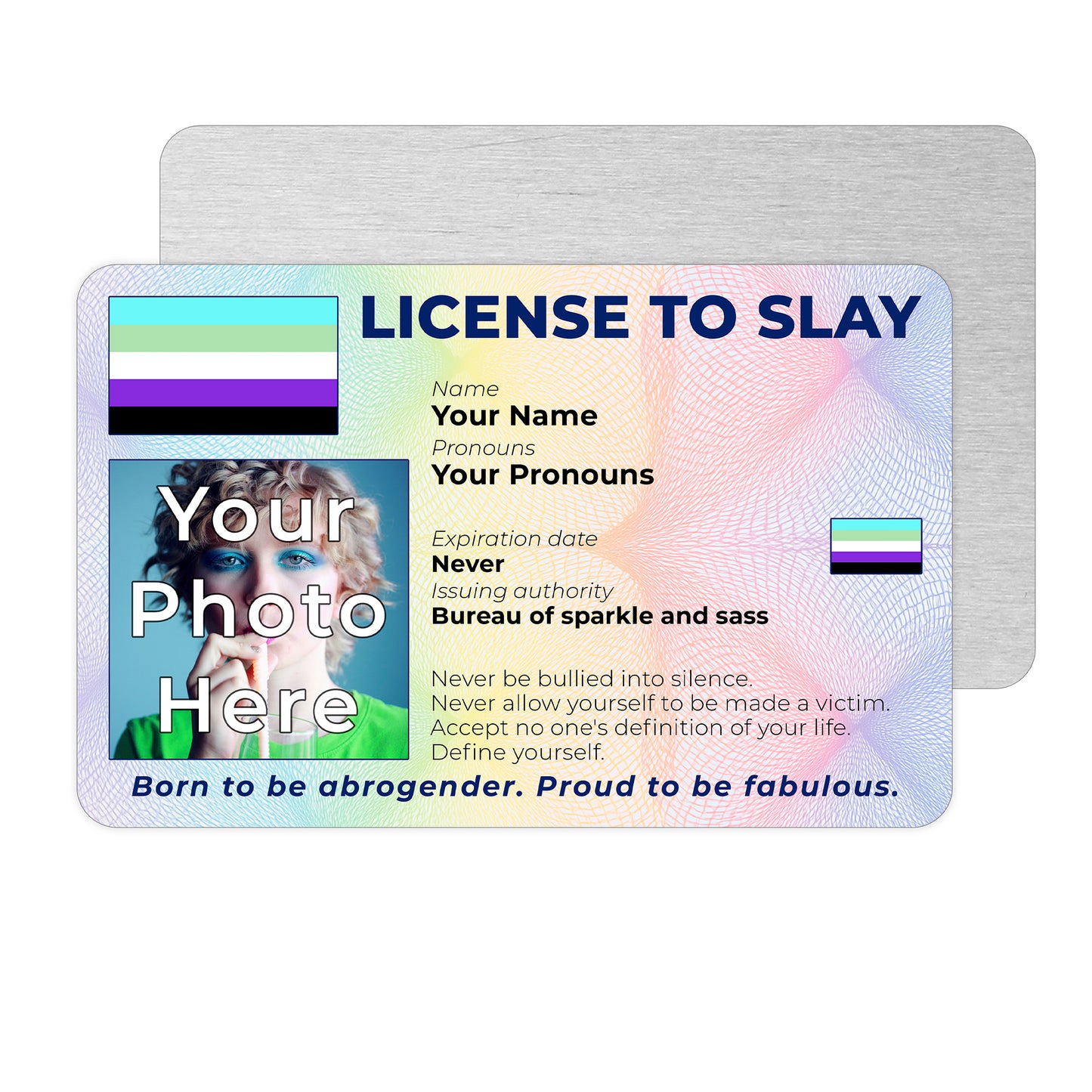 Personalised License To Slay novelty wallet card with your photo, name, and pronouns featuring a Abrogender pride flag design.