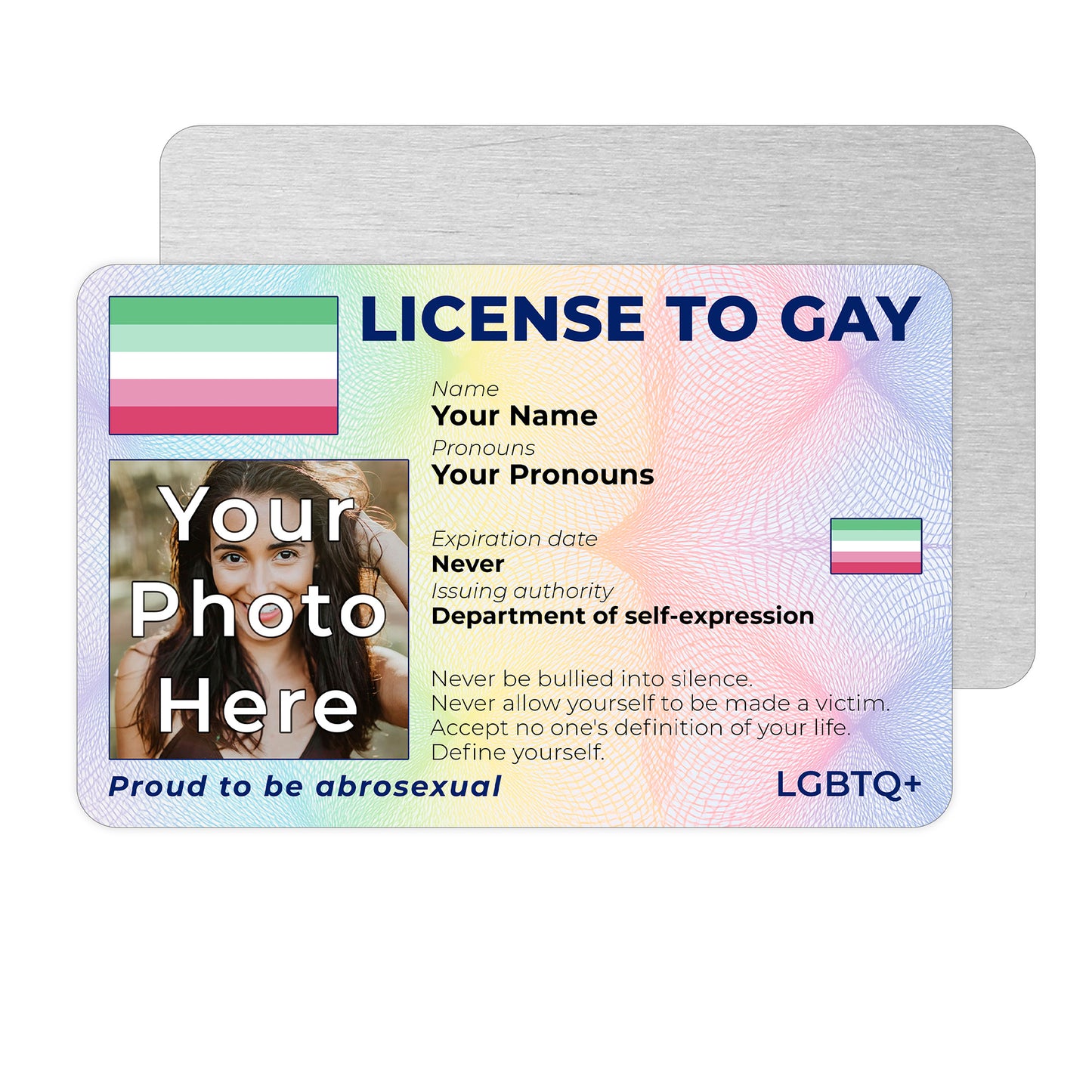 Personalised License To Gay novelty wallet card with your photo, name, and pronouns featuring a Abrosexual pride flag design.