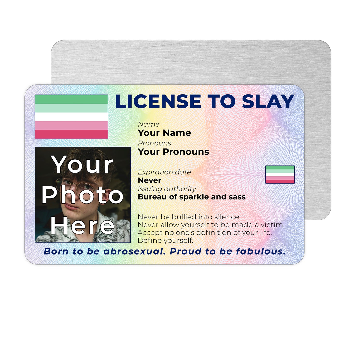 Personalised License To Slay novelty wallet card with your photo, name, and pronouns featuring a Abrosexual pride flag design.