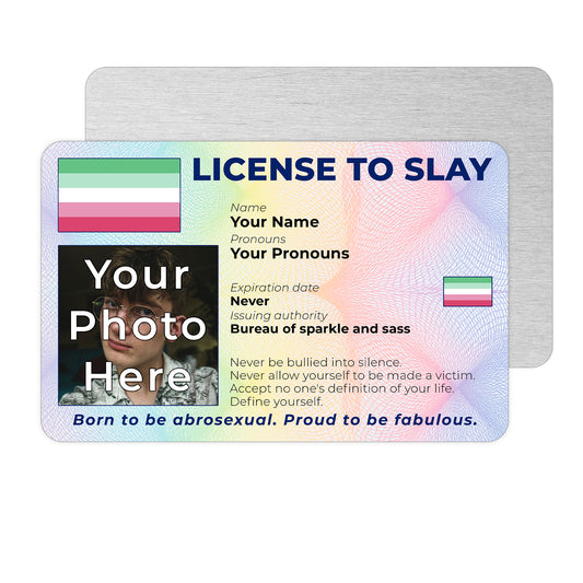 Personalised License To Slay novelty wallet card with your photo, name, and pronouns featuring a Abrosexual pride flag design.