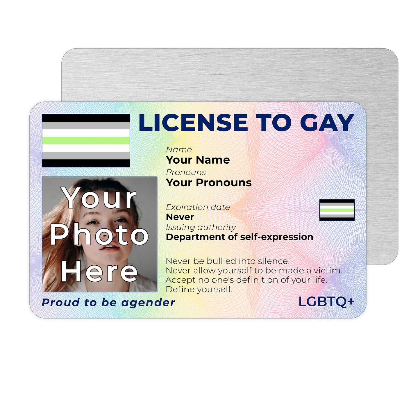 Personalised License To Gay novelty wallet card with your photo, name, and pronouns featuring a Agender pride flag design.