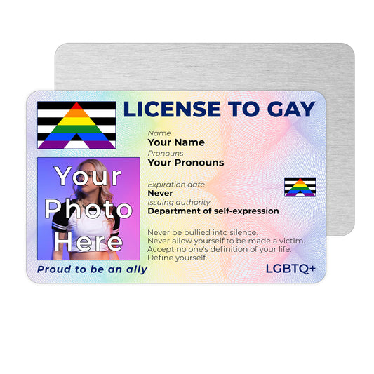Personalised License To Gay novelty wallet card with your photo, name, and pronouns featuring a Straight Ally pride flag design.