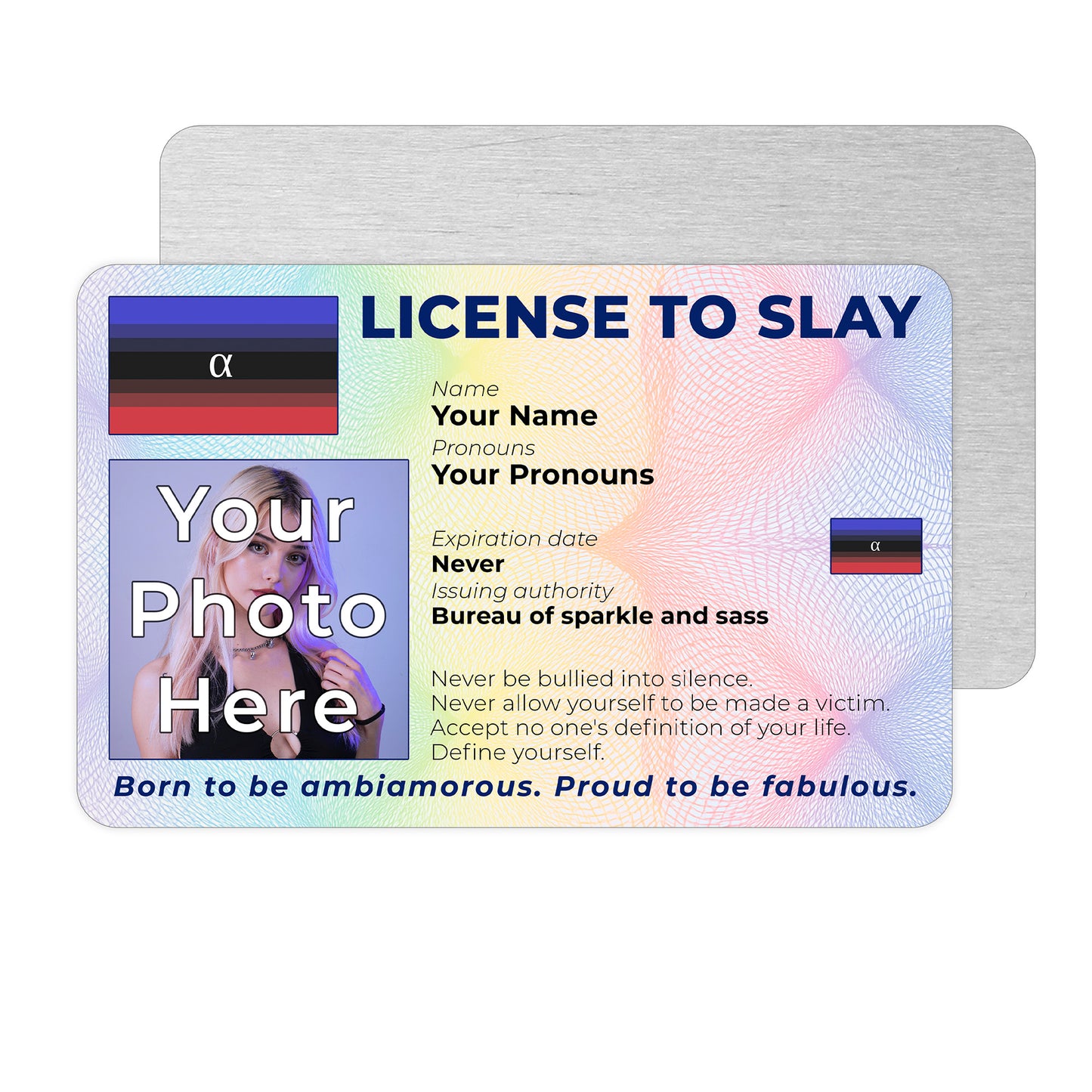 Personalised License To Slay novelty wallet card with your photo, name, and pronouns featuring a Ambiamorous pride flag design.