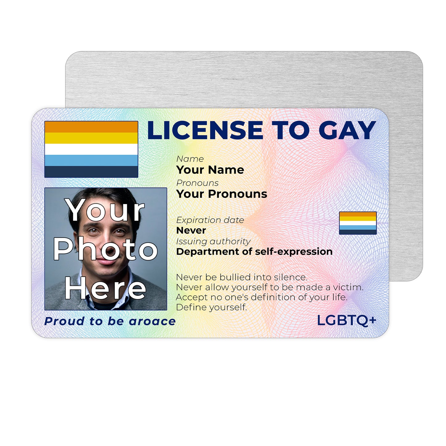 Personalised License To Gay novelty wallet card with your photo, name, and pronouns featuring a Aroace pride flag design.