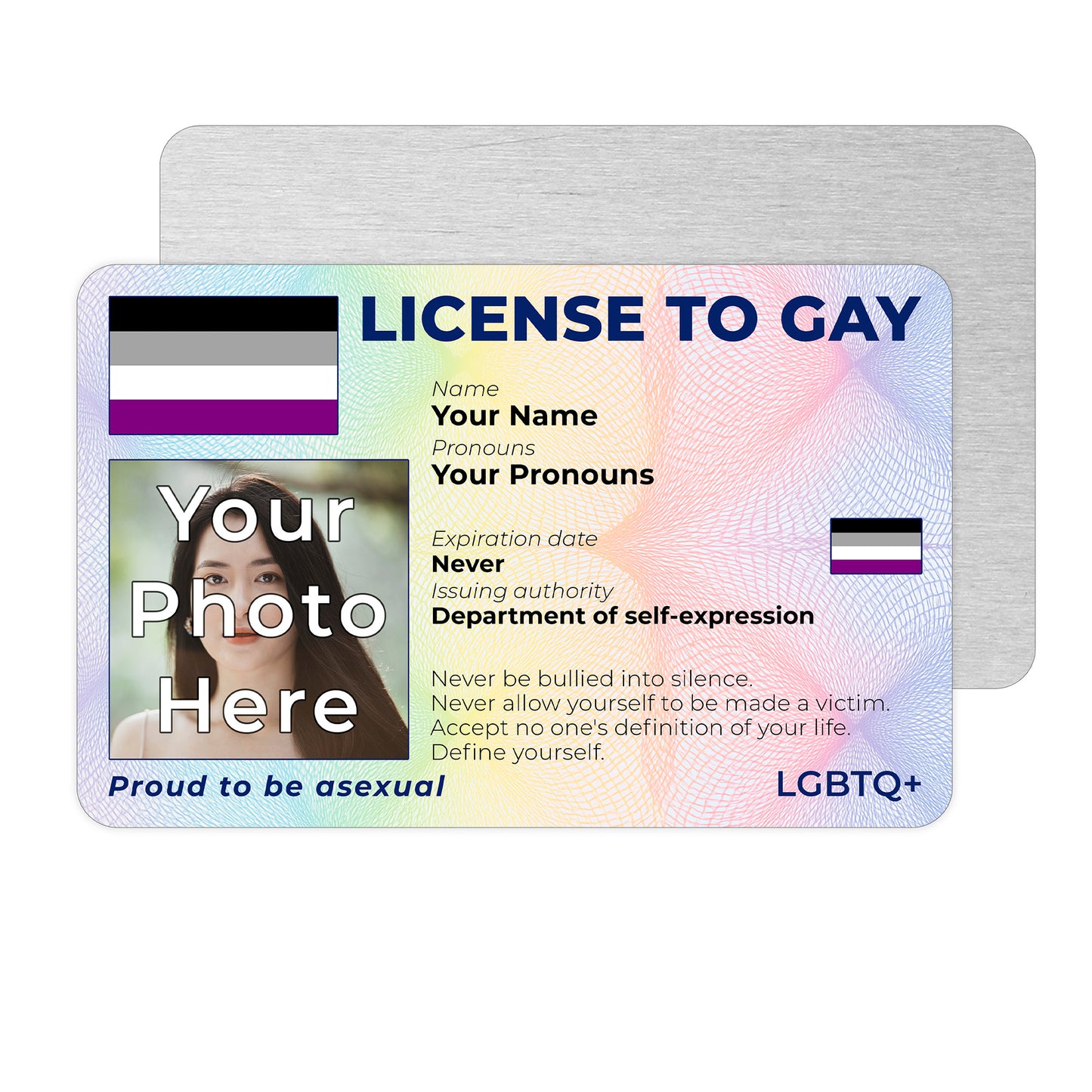 Personalised License To Gay novelty wallet card with your photo, name, and pronouns featuring a Asexual pride flag design.