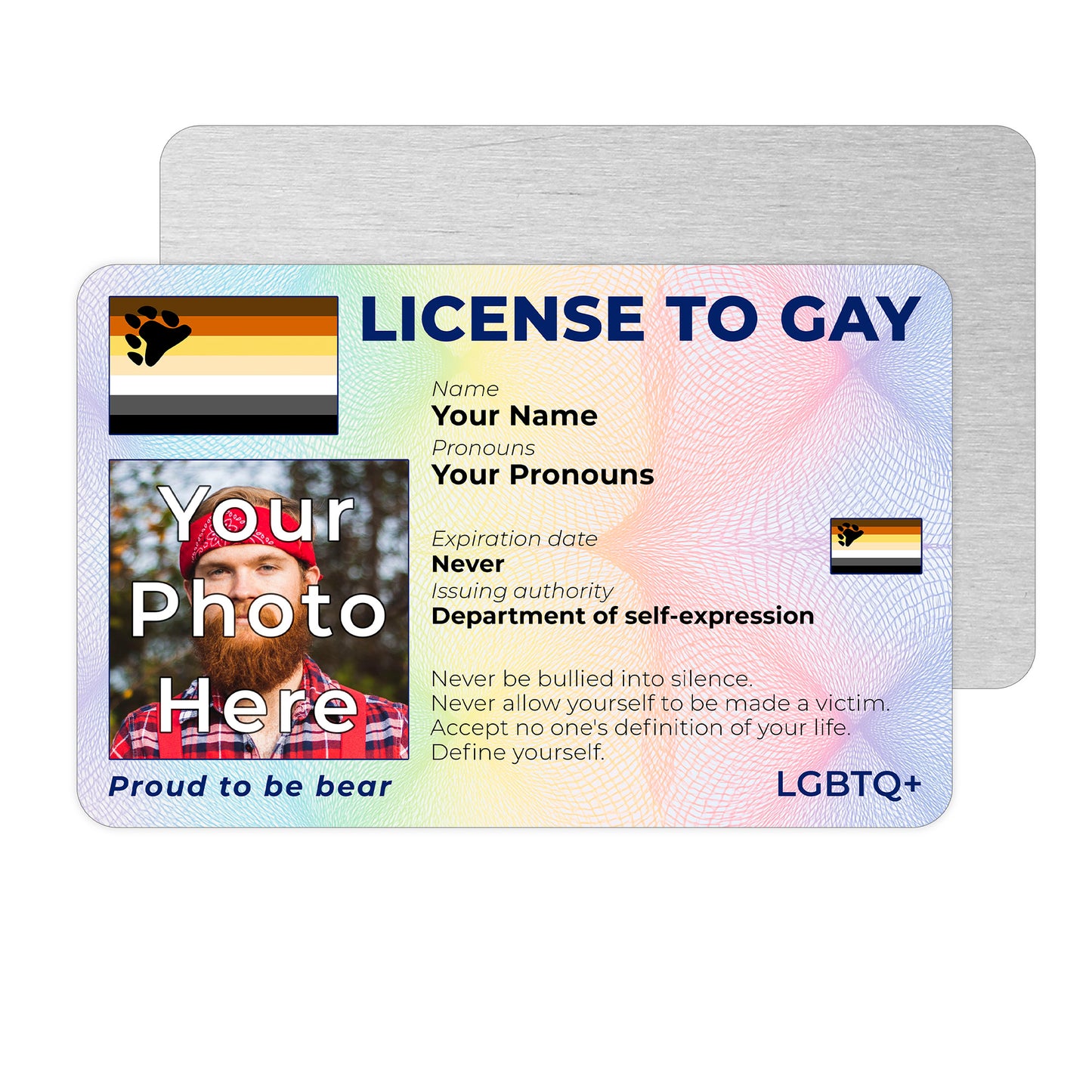 Personalised License To Gay novelty wallet card with your photo, name, and pronouns featuring a Bear pride flag design.