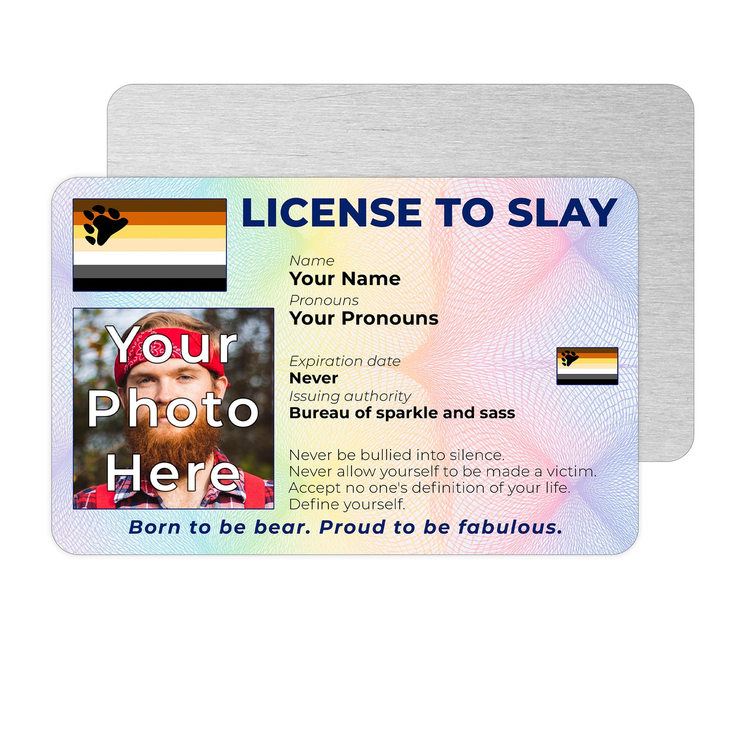 Personalised License To Slay novelty wallet card with your photo, name, and pronouns featuring a Bear pride flag design.