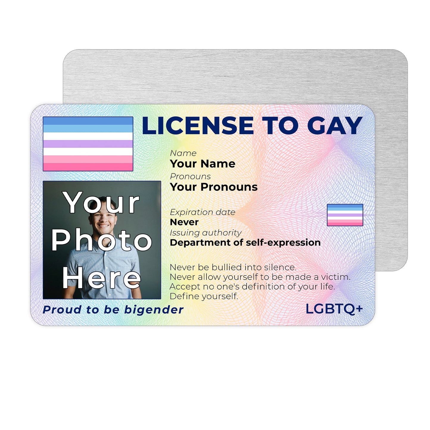 Personalised License To Gay novelty wallet card with your photo, name, and pronouns featuring a Bigender pride flag design.