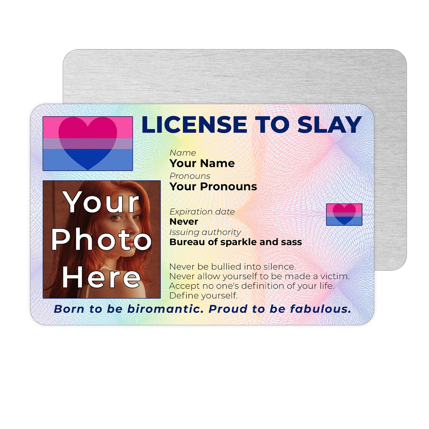 Personalised License To Slay novelty wallet card with your photo, name, and pronouns featuring a Biromantic pride flag design.