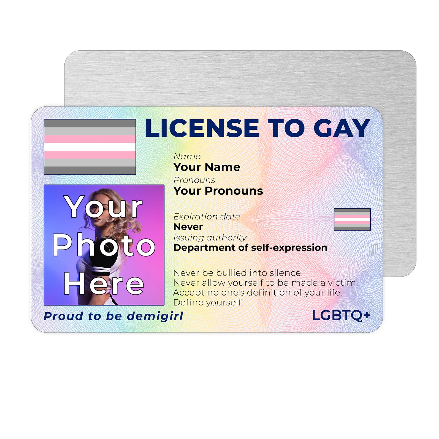 Personalised License To Gay novelty wallet card with your photo, name, and pronouns featuring a Demigirl pride flag design.