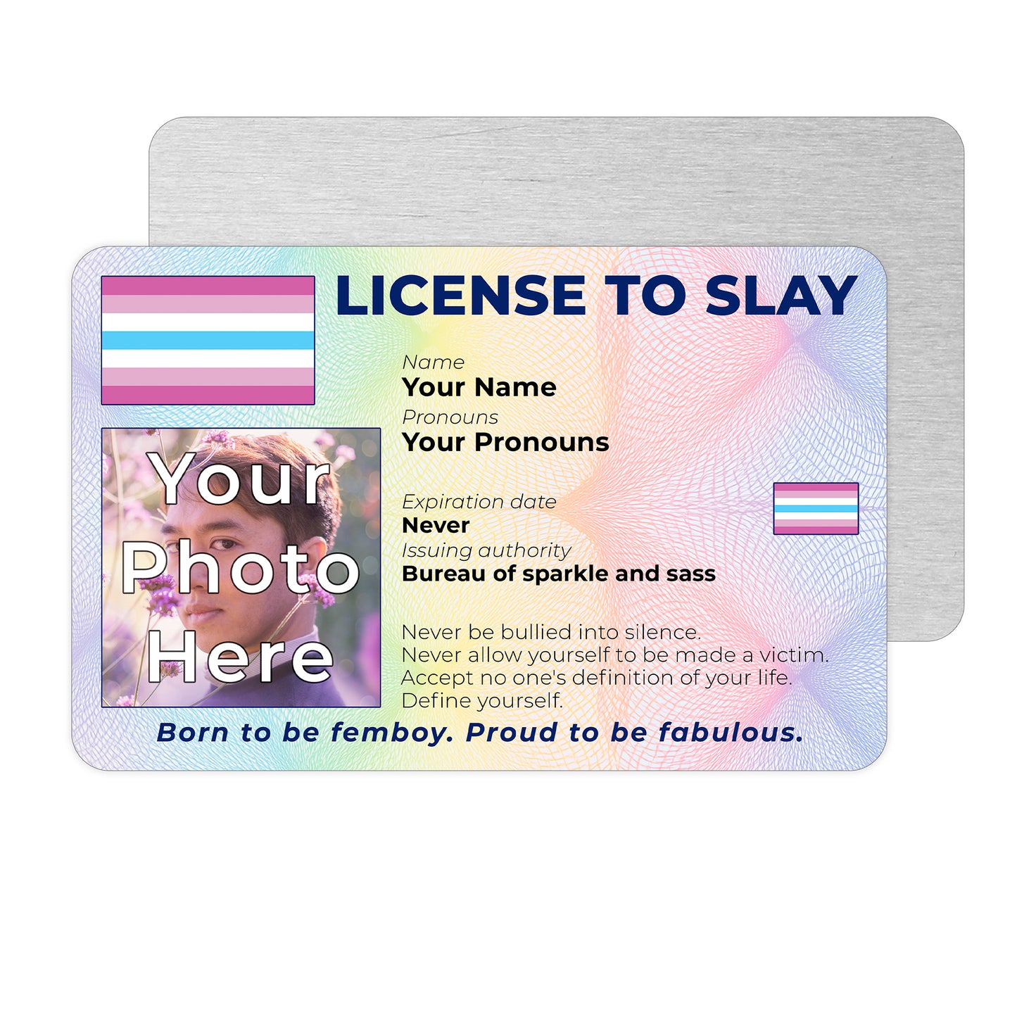 Personalised License To Slay novelty wallet card with your photo, name, and pronouns featuring a Femboy pride flag design.