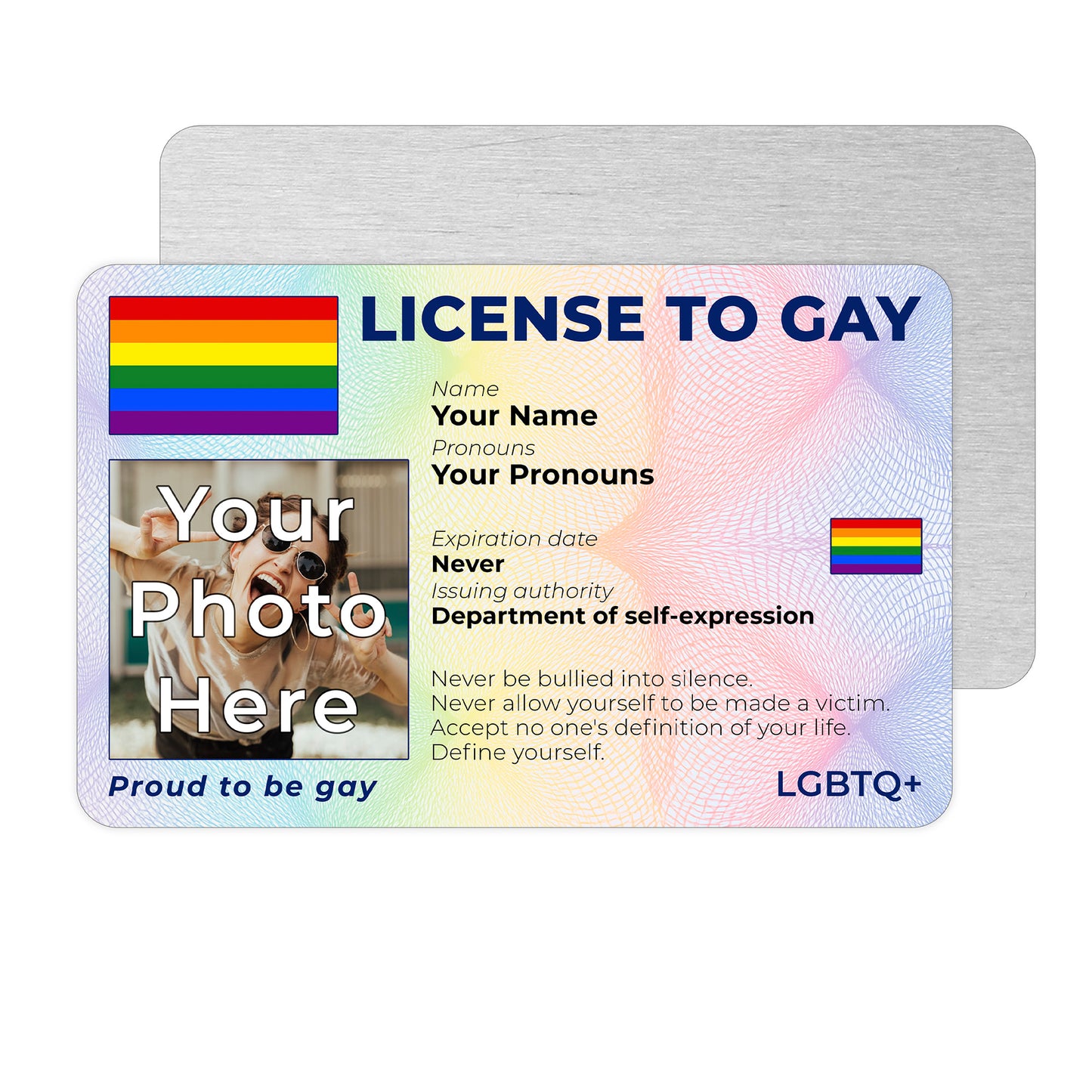 Personalised License To Gay novelty wallet card with your photo, name, and pronouns featuring a Gay pride flag design.