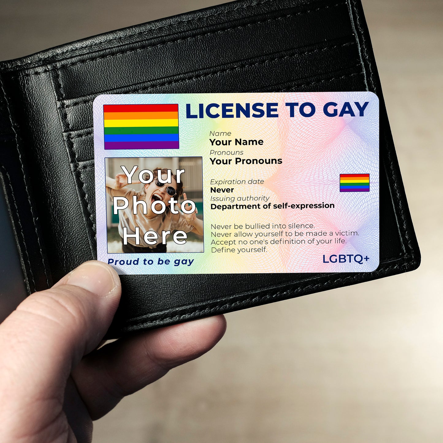 Personalised License To Gay novelty wallet card with your photo, name, and pronouns featuring a Gay pride flag design.