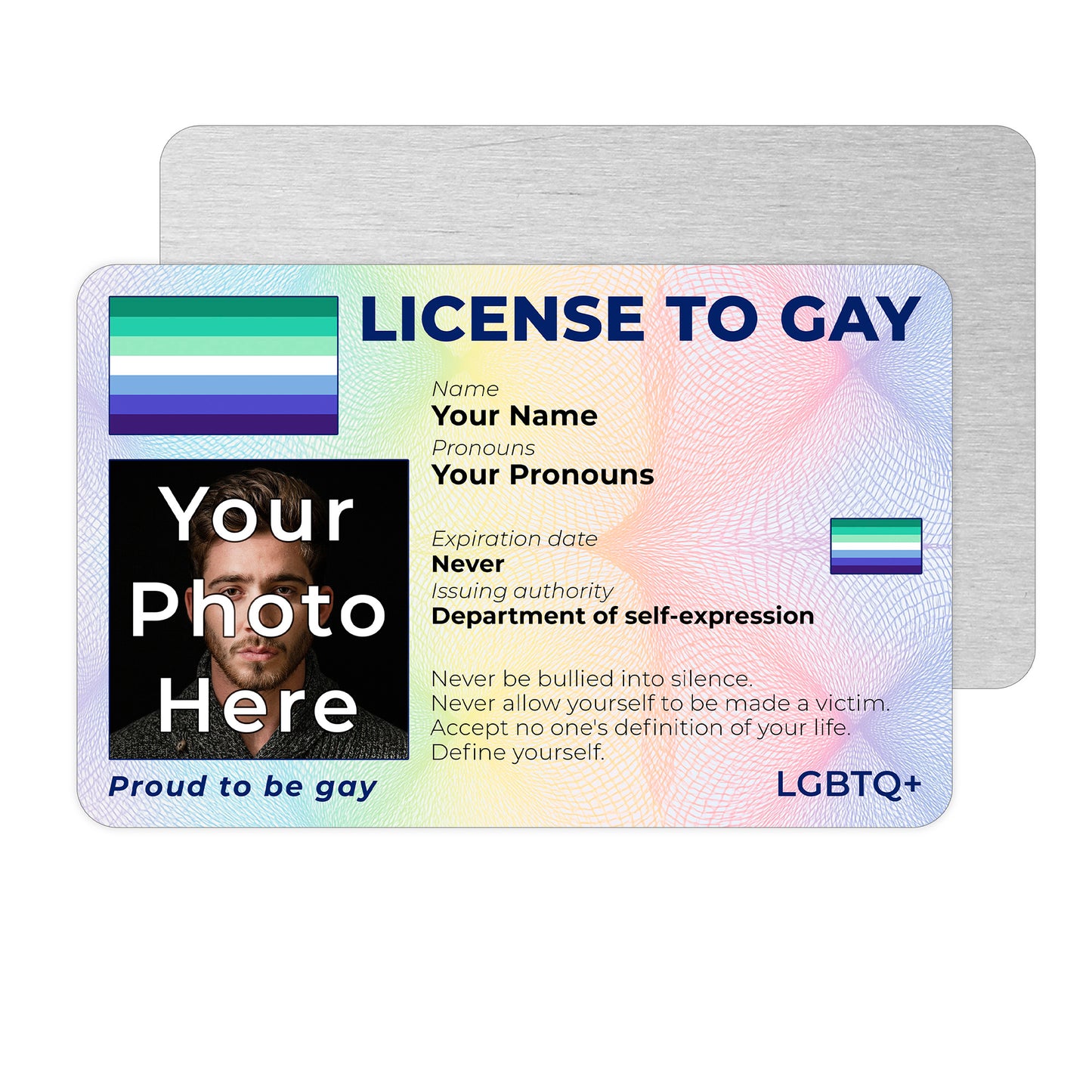 Personalised License To Gay novelty wallet card with your photo, name, and pronouns featuring a Gay Man pride flag design.