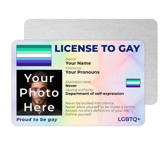Personalised License To Gay novelty wallet card with your photo, name, and pronouns featuring a Gay Man pride flag design.