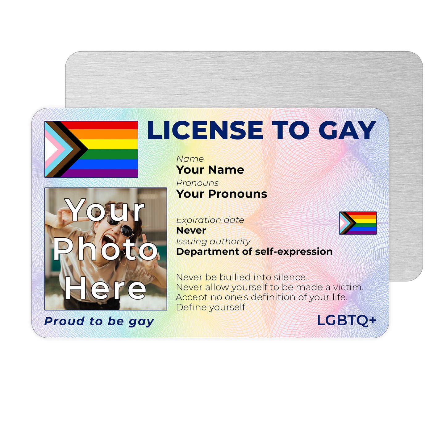 Personalised License To Gay novelty wallet card with your photo, name, and pronouns featuring a Progress pride flag design.
