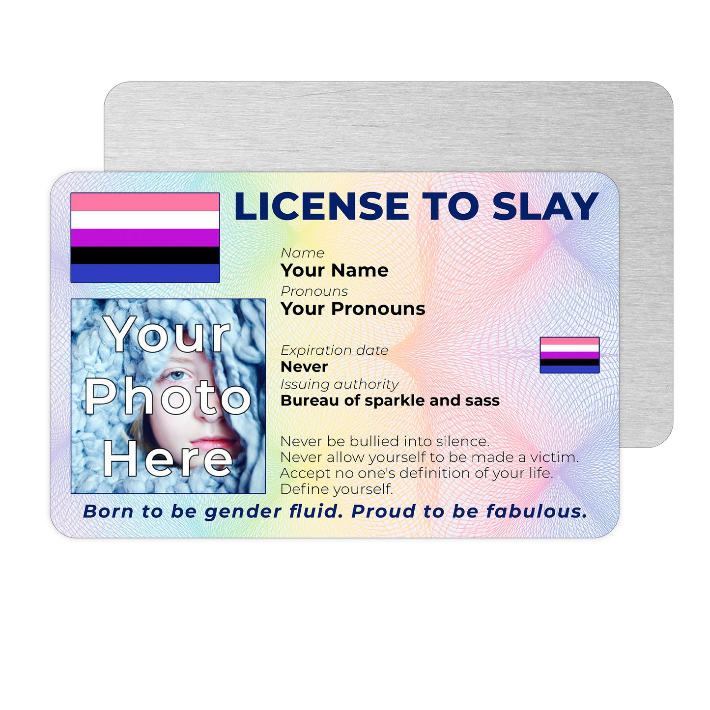 Personalised License To Slay novelty wallet card with your photo, name, and pronouns featuring a Gender Fluid pride flag design.