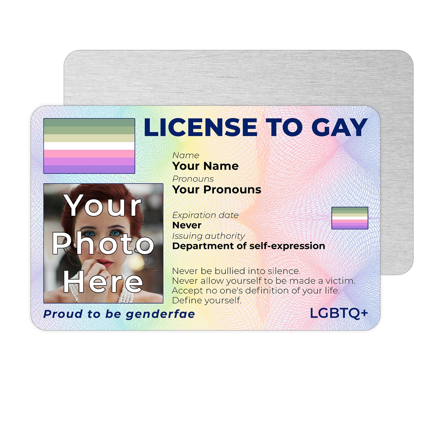Personalised License To Gay novelty wallet card with your photo, name, and pronouns featuring a Genderfae pride flag design.