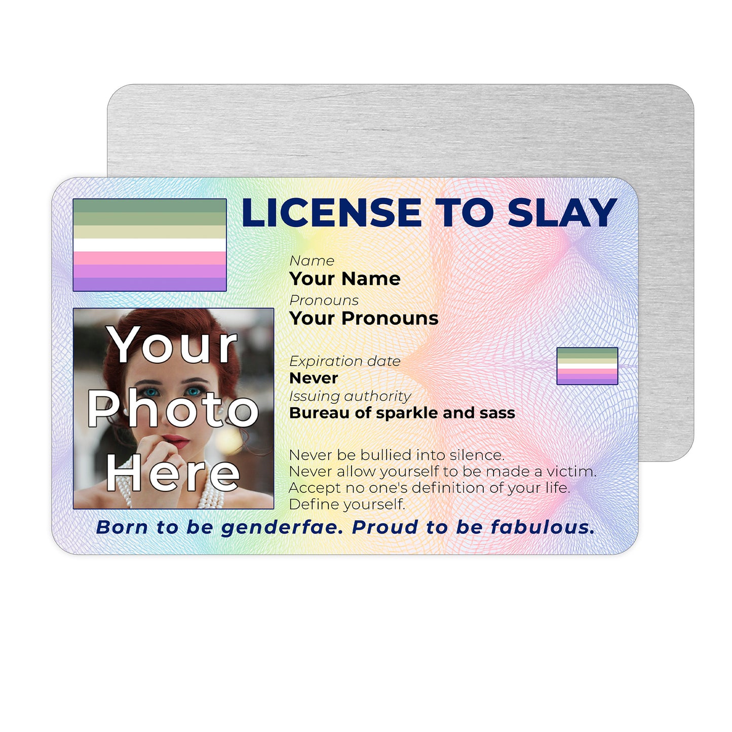 Personalised License To Slay novelty wallet card with your photo, name, and pronouns featuring a Genderfae pride flag design.