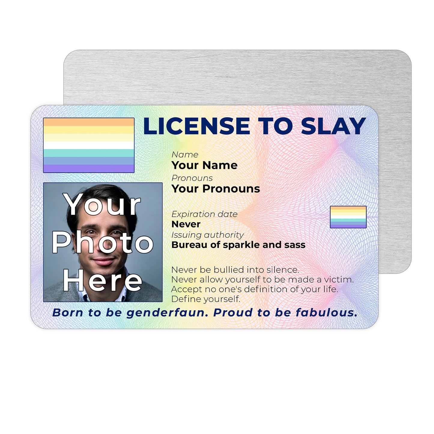 Personalised License To Slay novelty wallet card with your photo, name, and pronouns featuring a Genderfaun pride flag design.