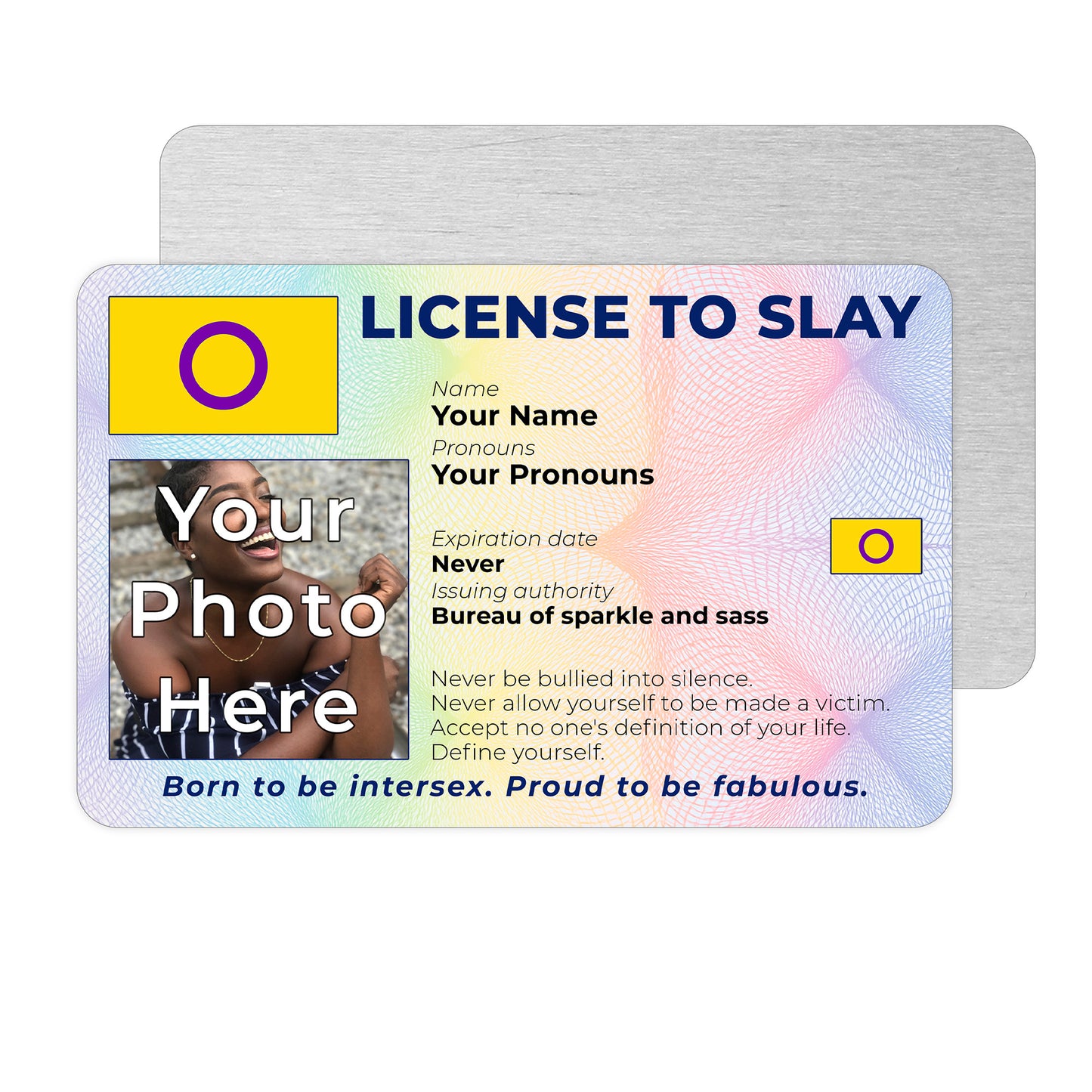 Personalised License To Slay novelty wallet card with your photo, name, and pronouns featuring a Intersex pride flag design.
