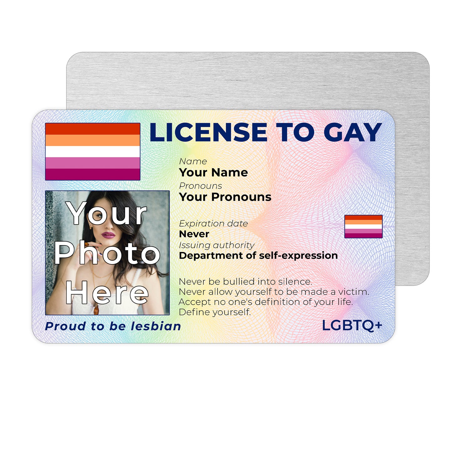 Personalised License To Gay novelty wallet card with your photo, name, and pronouns featuring a Lesbian pride flag design.