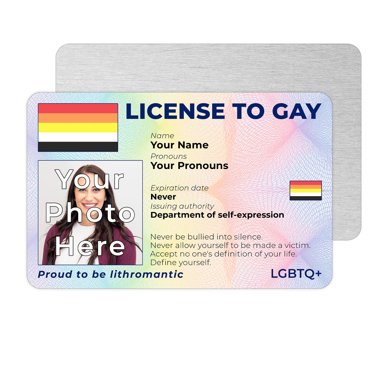 Personalised License To Gay novelty wallet card with your photo, name, and pronouns featuring a Lithromantic pride flag design.