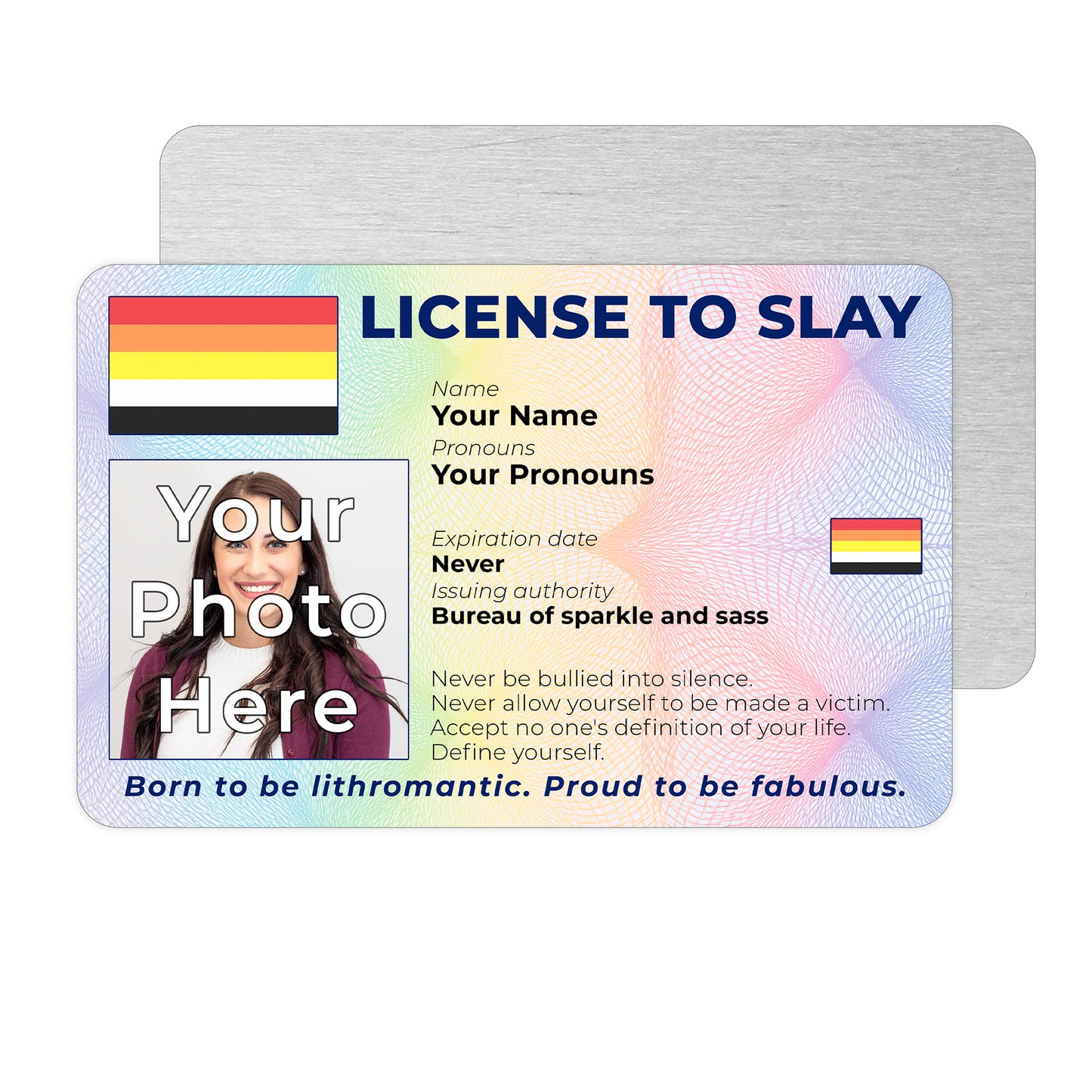 Personalised License To Slay novelty wallet card with your photo, name, and pronouns featuring a Lithromantic pride flag design.