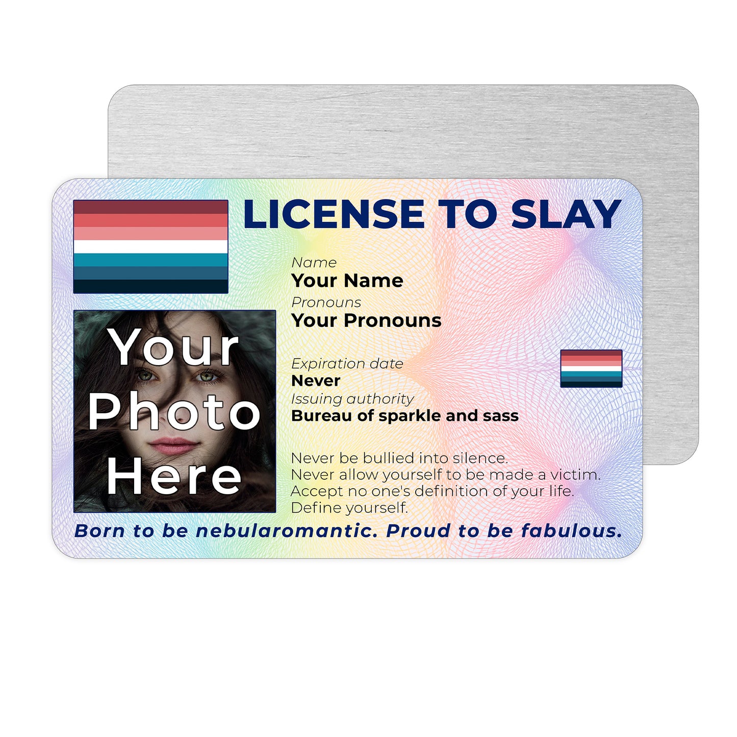 Personalised License To Slay novelty wallet card with your photo, name, and pronouns featuring a nebularomantic pride flag design.