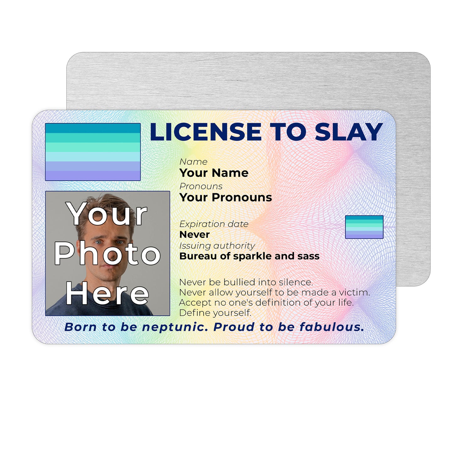 Personalised License To Slay novelty wallet card with your photo, name, and pronouns featuring a Neptunic pride flag design.
