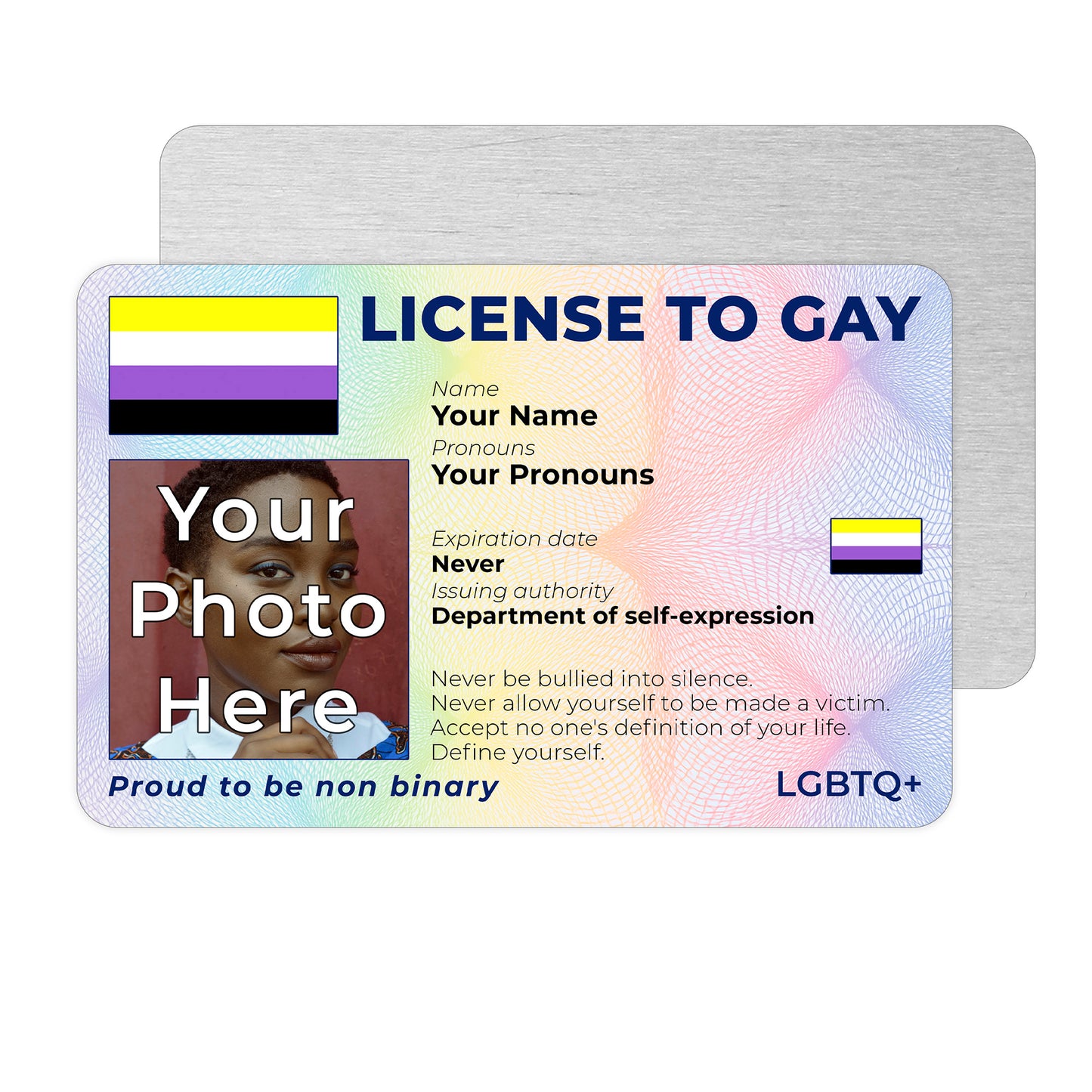 Personalised License To Gay novelty wallet card with your photo, name, and pronouns featuring a Non Binary pride flag design.