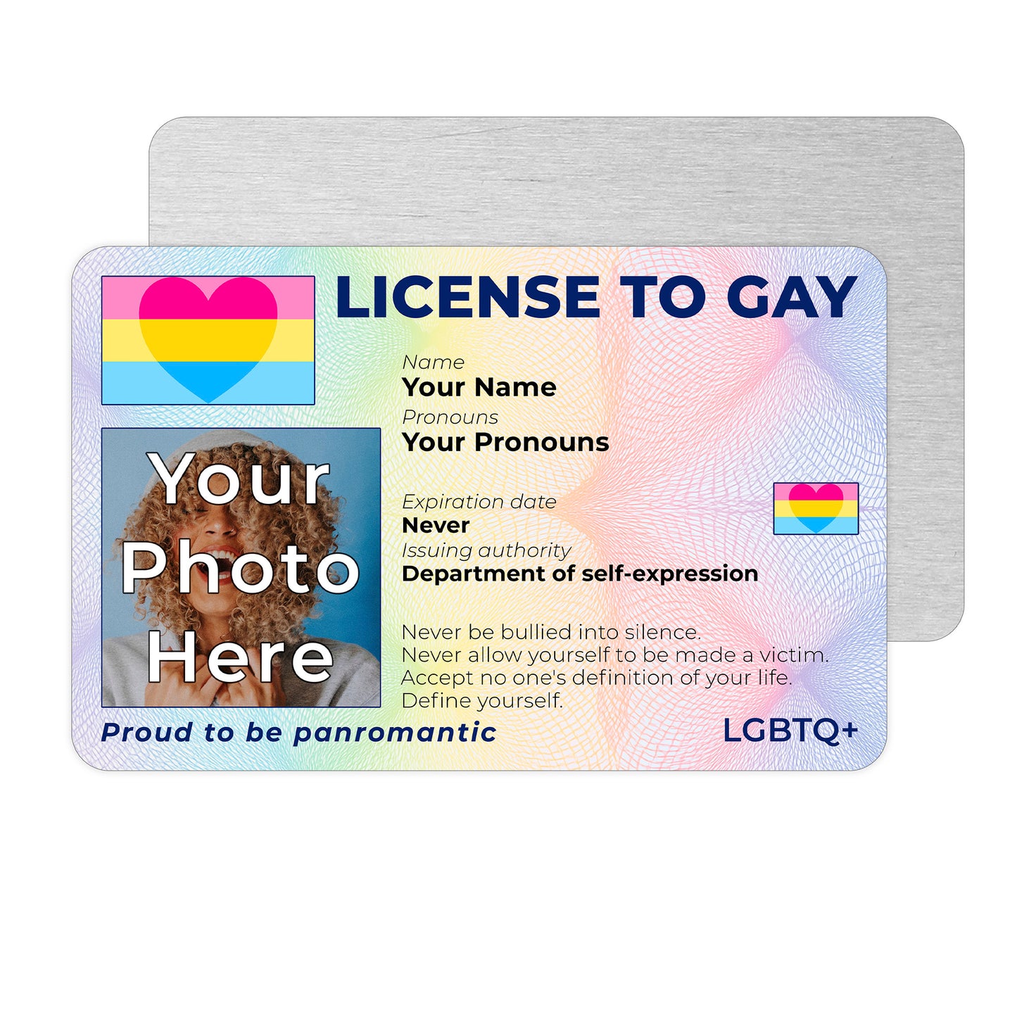 Personalised License To Gay novelty wallet card with your photo, name, and pronouns featuring a Panromantic pride flag design.