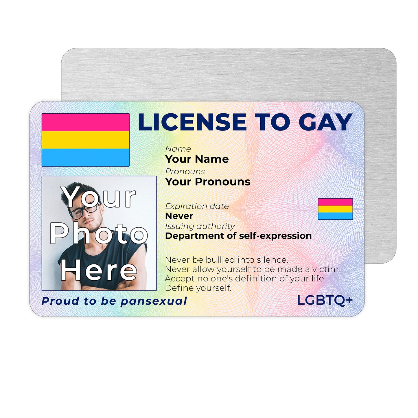Personalised License To Gay novelty wallet card with your photo, name, and pronouns featuring a Pansexual pride flag design.