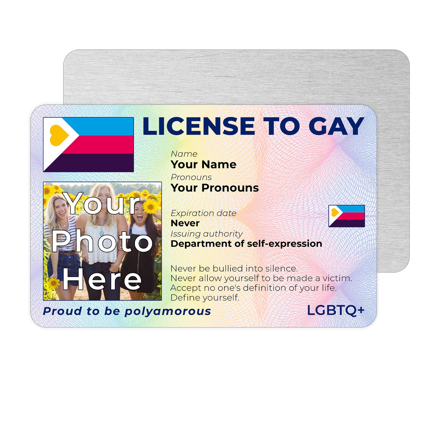 Personalised License To Gay novelty wallet card with your photo, name, and pronouns featuring a Polyamorous pride flag design.