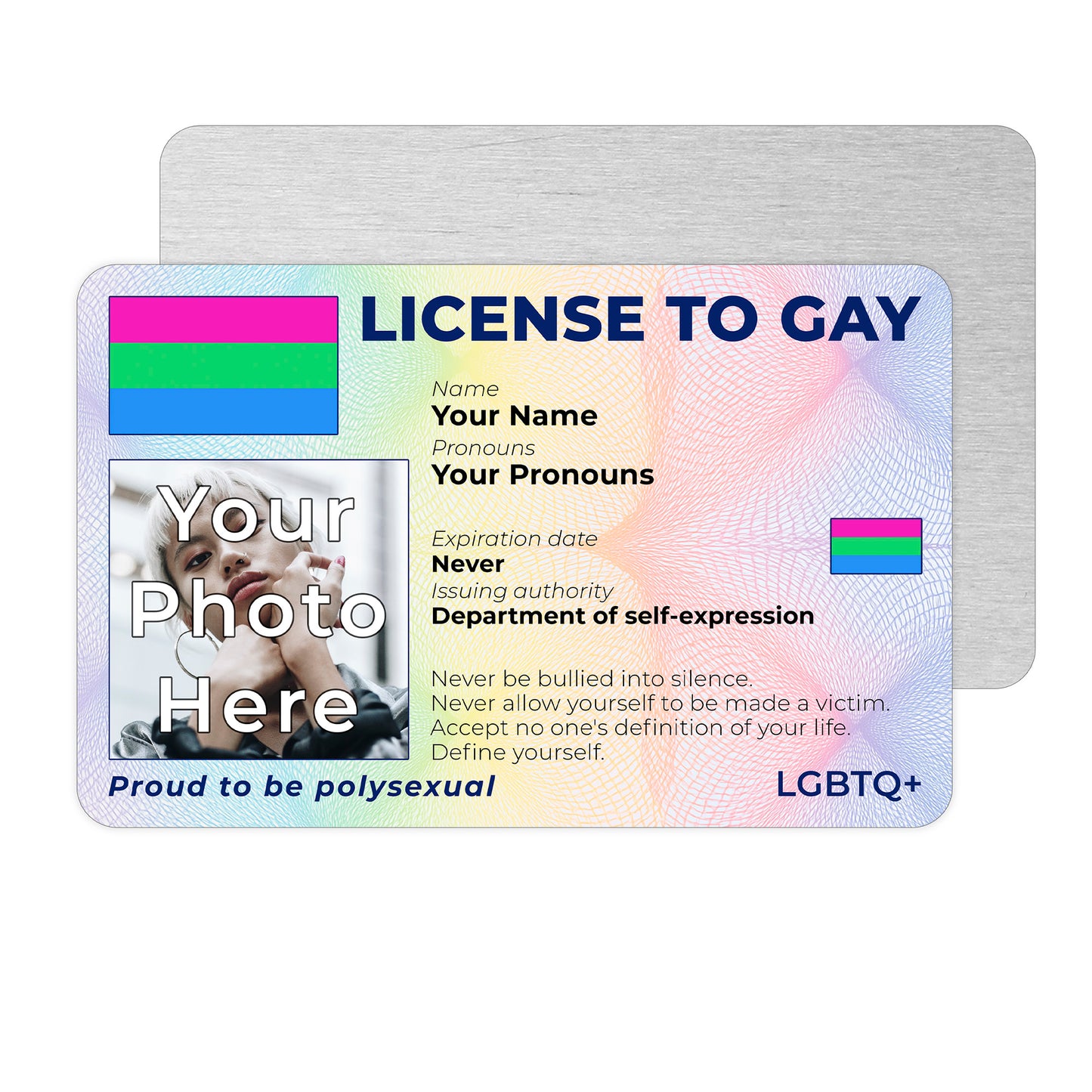 Personalised License To Gay novelty wallet card with your photo, name, and pronouns featuring a Polysexual pride flag design.