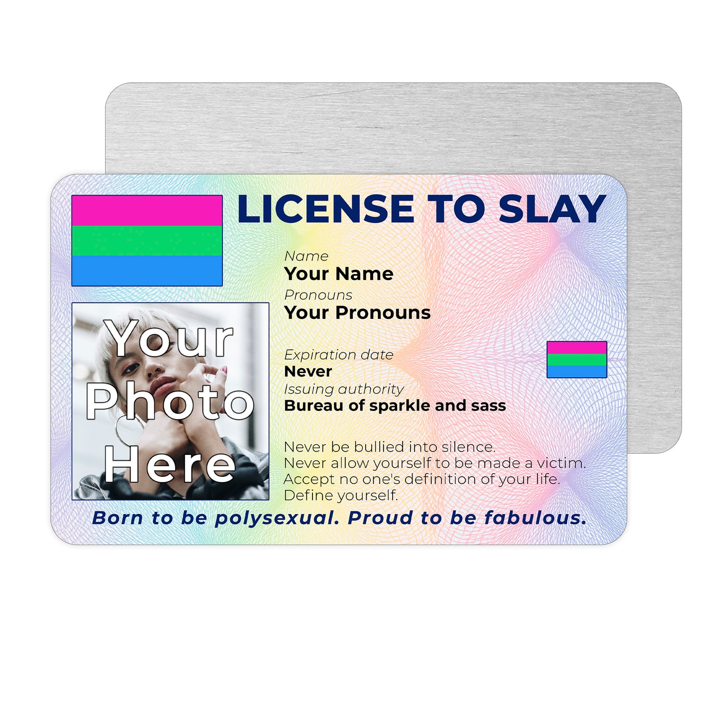Personalised License To Slay novelty wallet card with your photo, name, and pronouns featuring a Polysexual pride flag design.