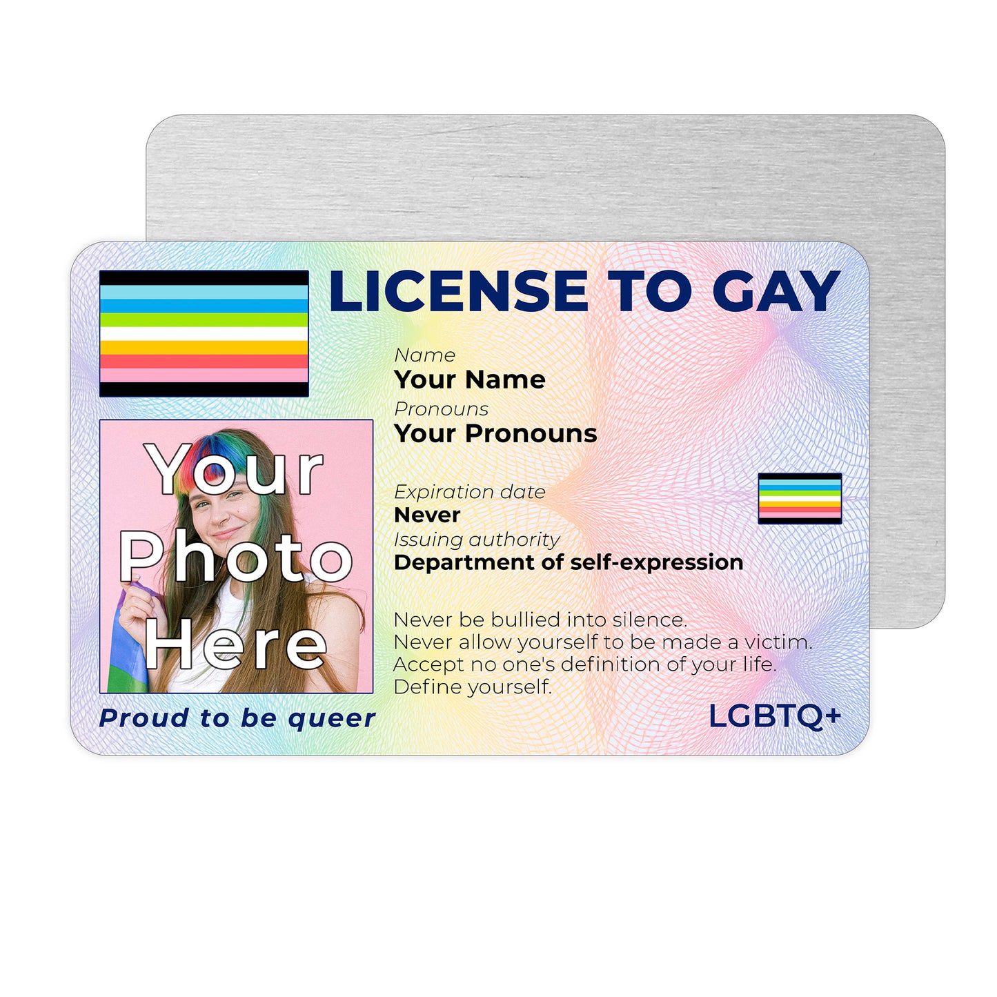 Personalised License To Gay novelty wallet card with your photo, name, and pronouns featuring a Queer pride flag design.