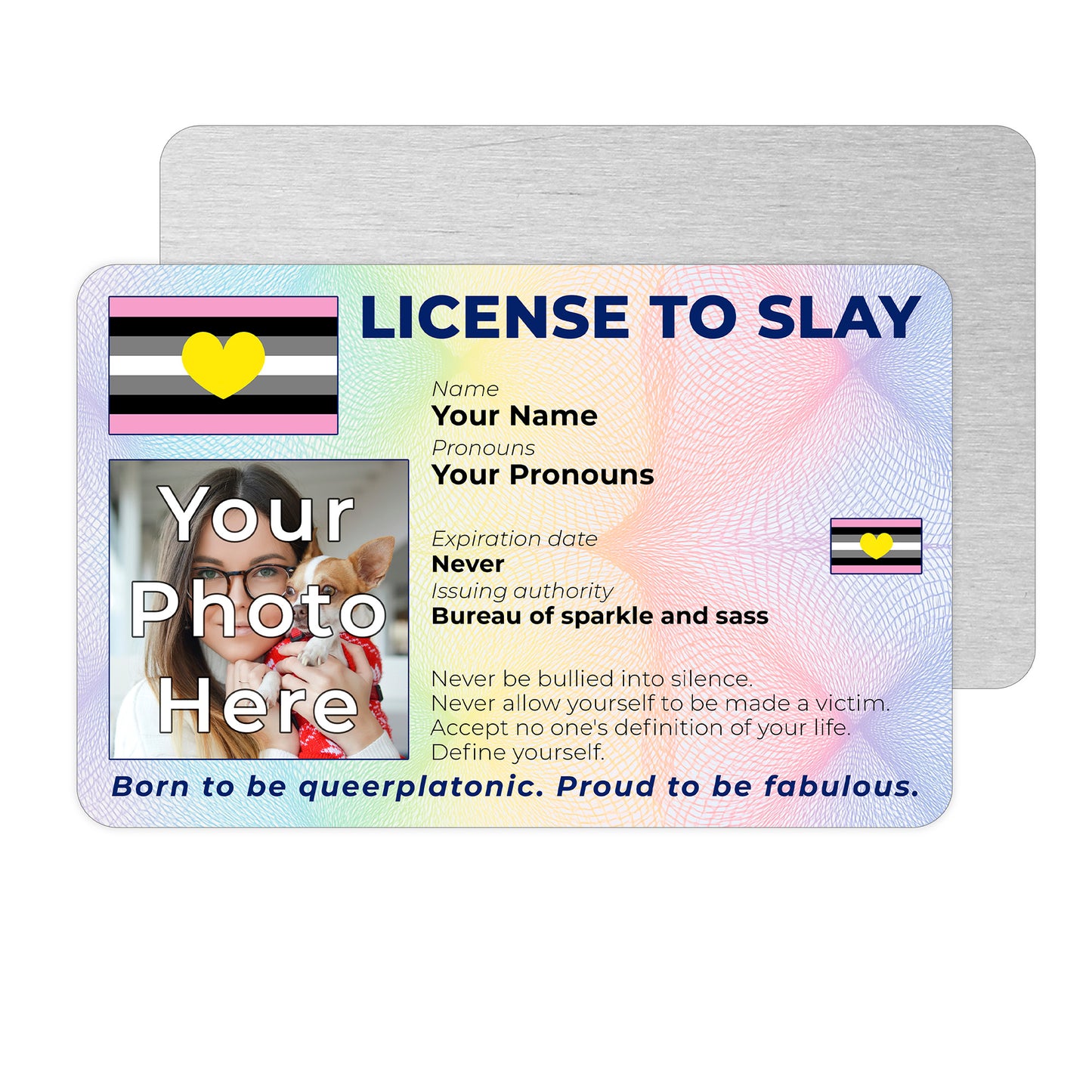 Personalised License To Slay novelty wallet card with your photo, name, and pronouns featuring a Queerplatonic pride flag design.