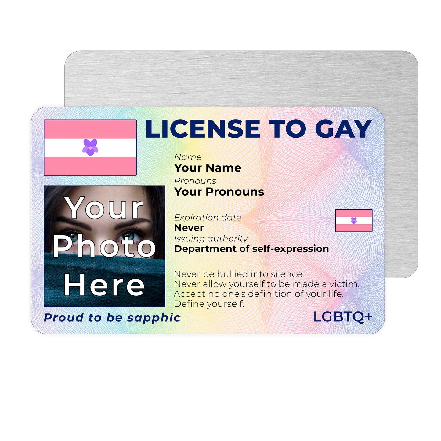 Personalised License To Gay novelty wallet card with your photo, name, and pronouns featuring a Sapphic pride flag design.
