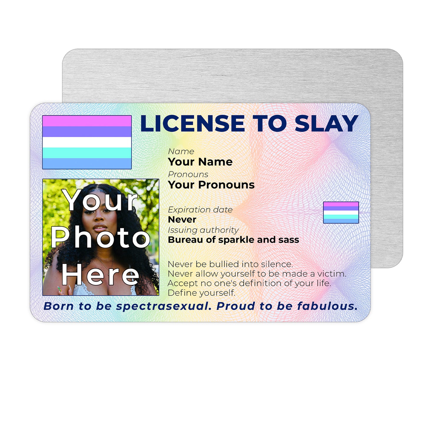 Personalised License To Slay novelty wallet card with your photo, name, and pronouns featuring a Spectrasexual pride flag design.