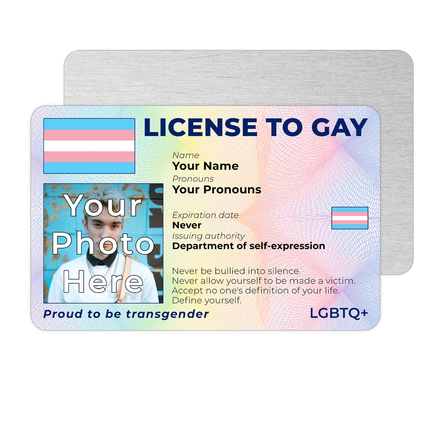 Personalised License To Gay novelty wallet card with your photo, name, and pronouns featuring a Transgender pride flag design.