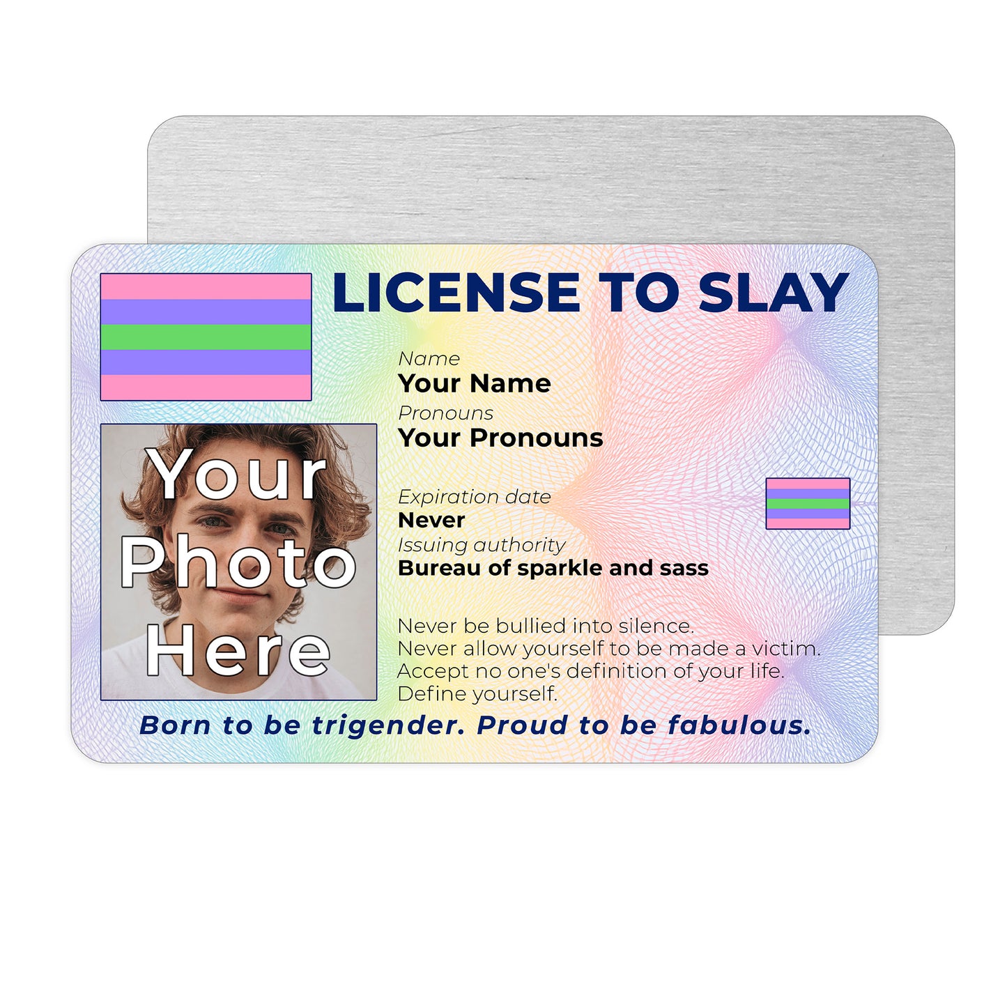Personalised License To Slay novelty wallet card with your photo, name, and pronouns featuring a Trigender pride flag design.