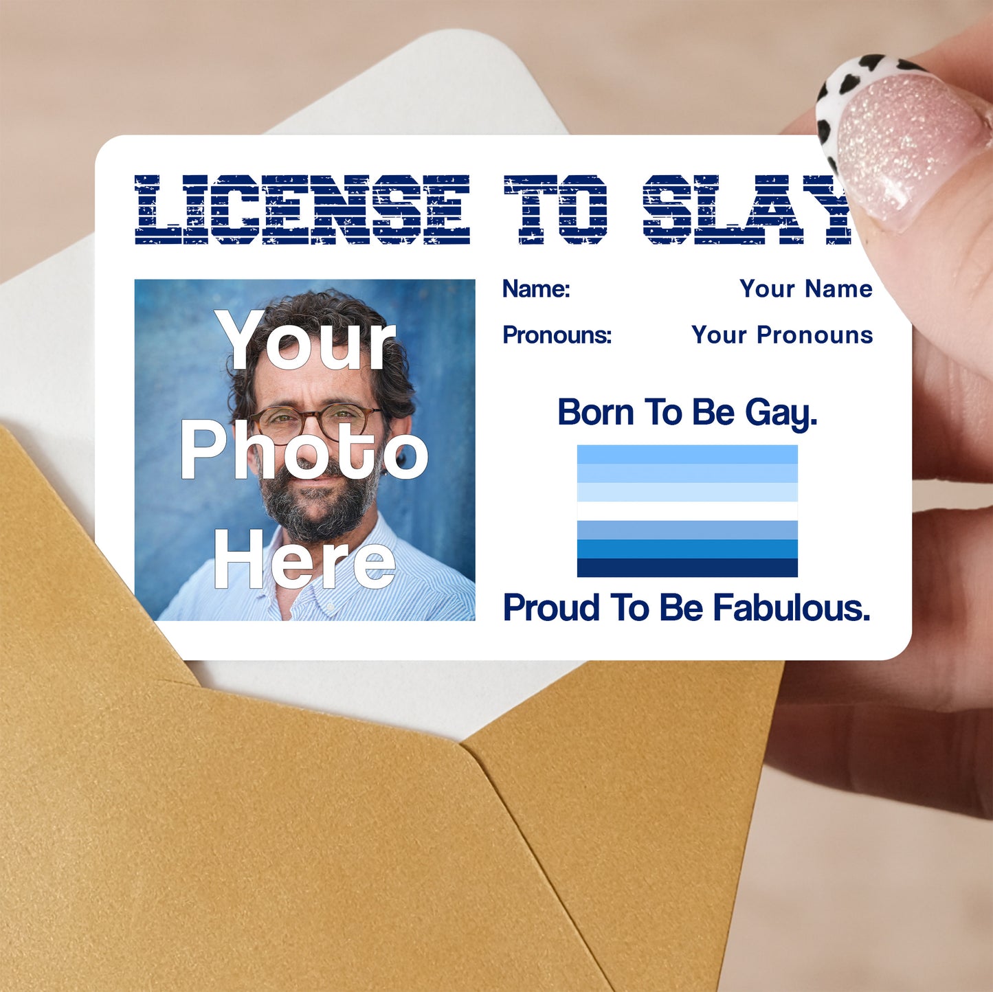 Gay man pride men loving men blue flag personalised license to slay card