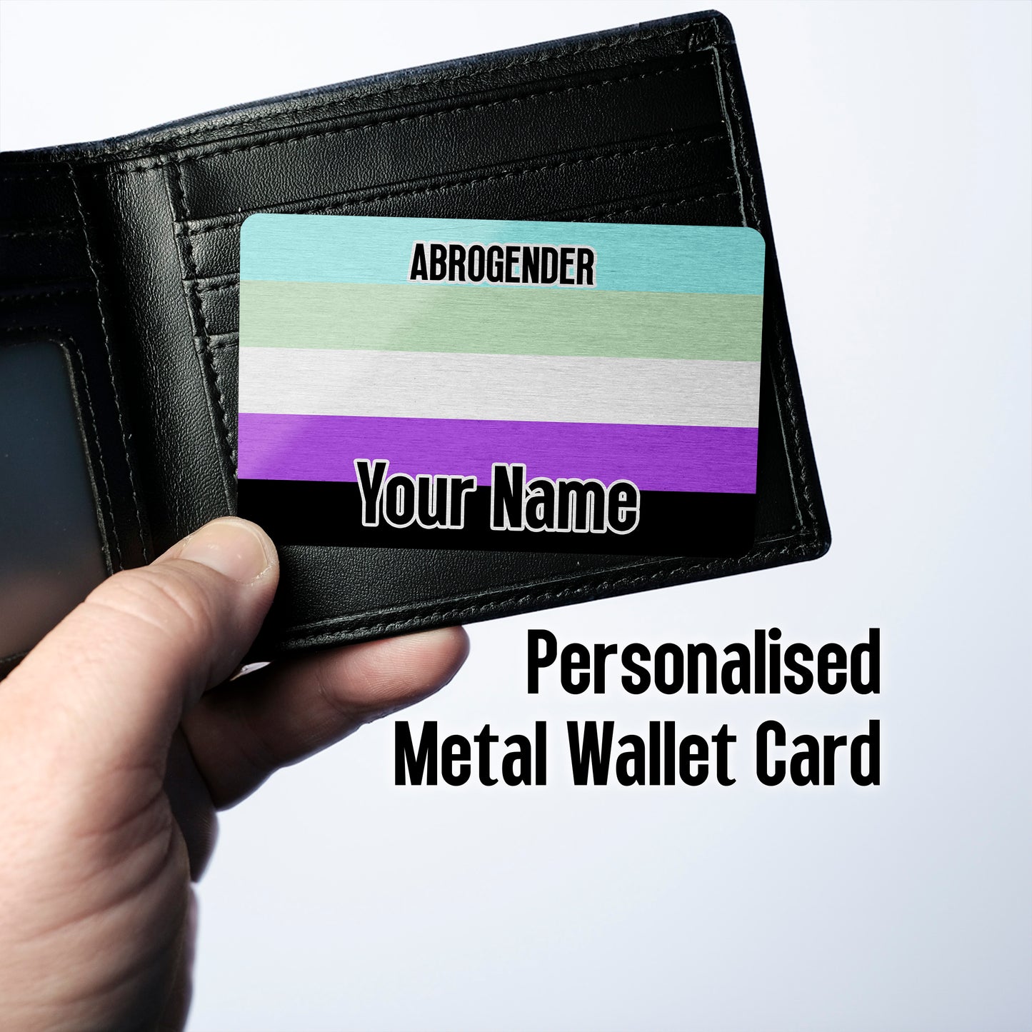 Aluminium metal wallet card personalised with your name and the abrogender pride flag