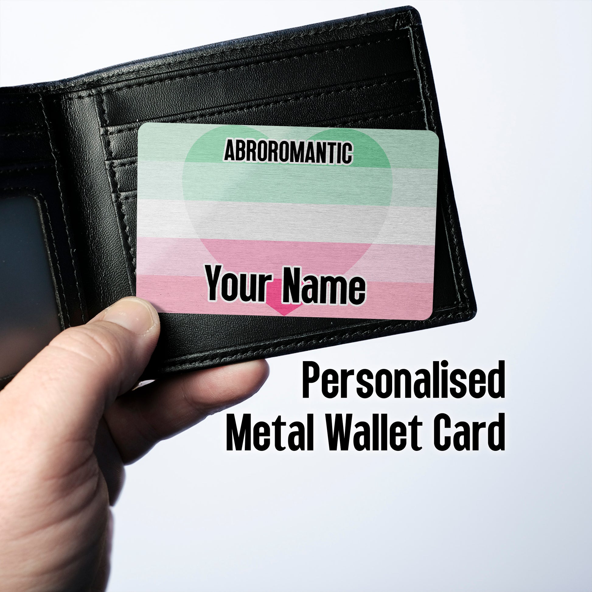 Aluminium metal wallet card personalised with your name and the abroromantic pride flag
